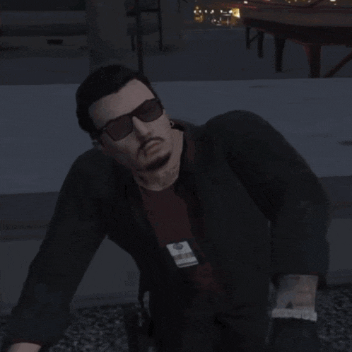 a man wearing sunglasses and a name tag that says ' a. '