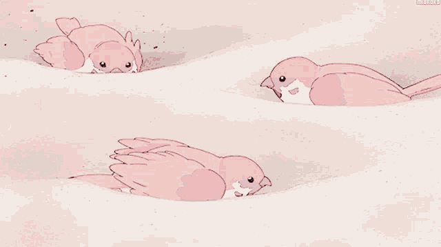 three pink birds are laying in a pile of sand with a watermark that says ' miami '