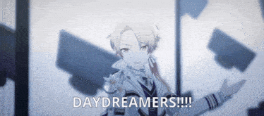 a cartoon character says " daydreamers !!! " in front of a blue background