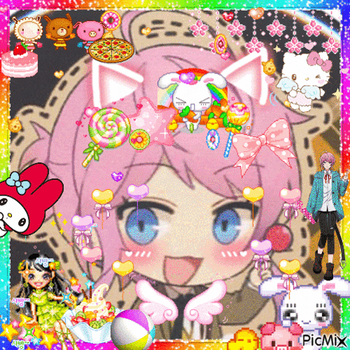a picture of a girl with a cat ear surrounded by candy and balloons with the words picmix on the bottom