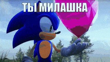sonic the hedgehog is holding a pink heart with the words " ты милашка " written on it