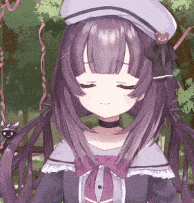 a girl with purple hair has her eyes closed and a teddy bear on her hat