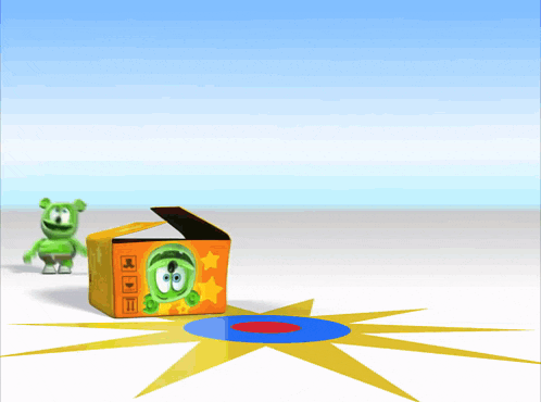 a green gummy bear jumps out of a box