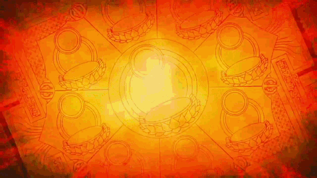 a drawing of a circle of rings on a red background with a glowing center .