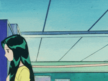 a cartoon girl with long green hair is standing in front of a vending machine