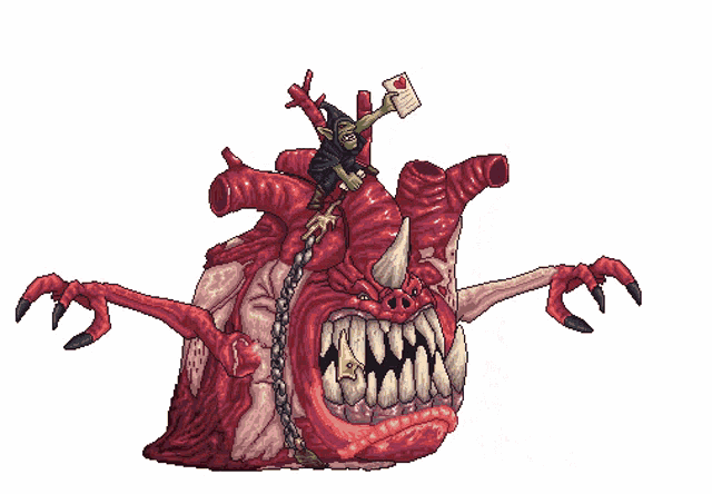 a pixel art illustration of a goblin riding a monster