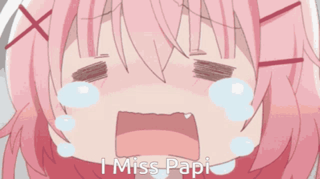 a girl with pink hair is crying and the words i miss papi are above her