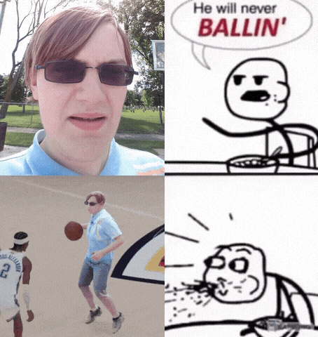 a man wearing sunglasses has a speech bubble that says " he will never ballin ' "