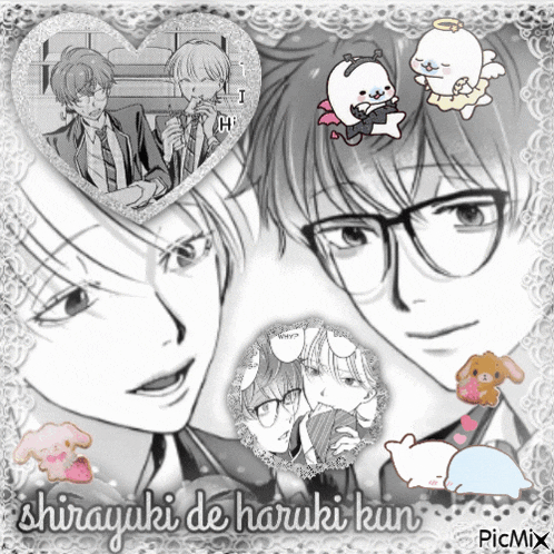 a black and white collage of two anime characters with the name shirayuki de haruki kun on the bottom