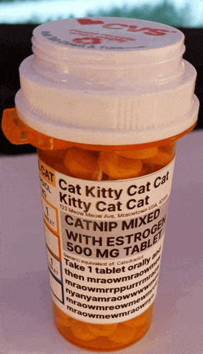 a bottle of cat kitty cat cat catnip mixed with estrogen 500 mg tablet