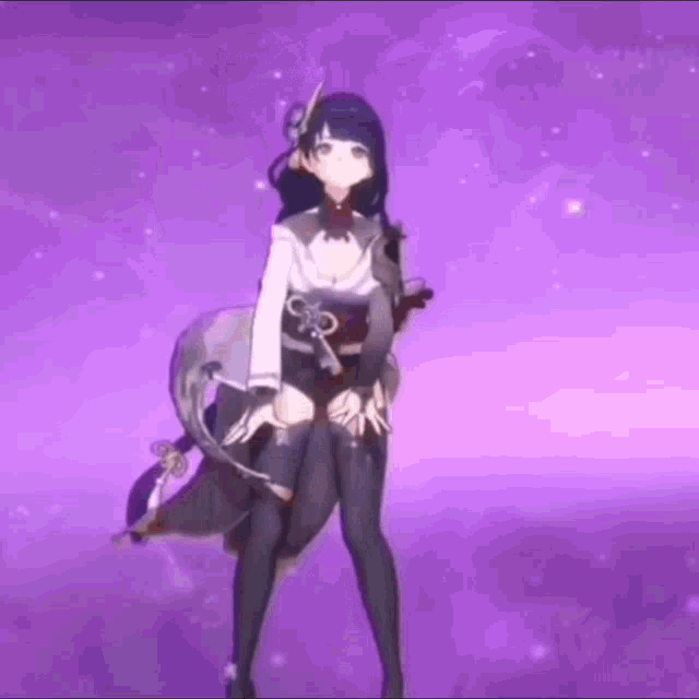a girl in a kimono is standing on a purple background with a sword .