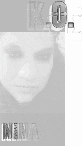 a black and white photo of a girl with the name ninas on it
