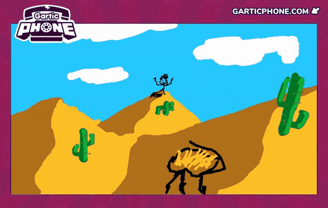 a cartoon drawing of a desert scene with a gartic phone logo