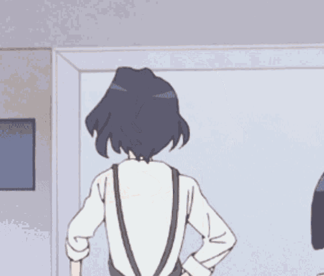 a cartoon drawing of a girl with suspenders