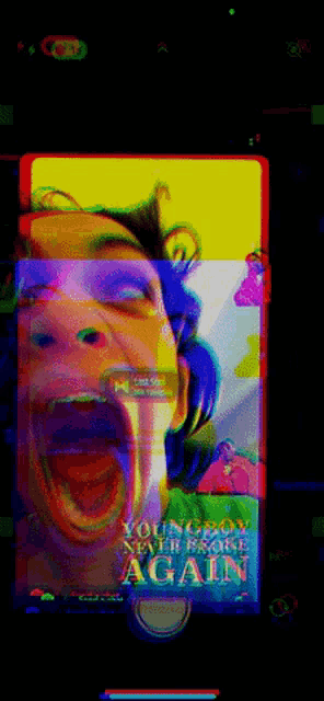 a phone screen shows a glitch image of a man screaming with the words young man never broke again on the bottom
