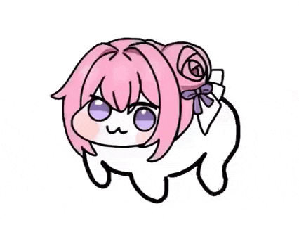 a drawing of a sheep with pink hair and purple eyes on a white background .