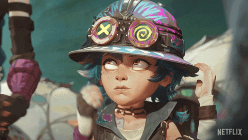 a cartoon character from netflix is wearing a purple hat and goggles