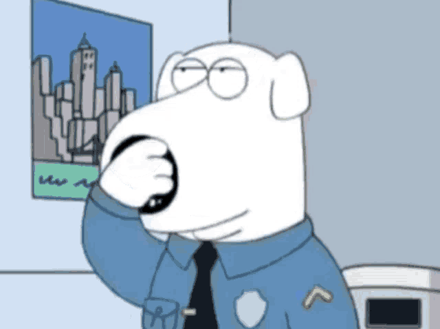 a cartoon character is wearing a police uniform and covering his mouth with his hand