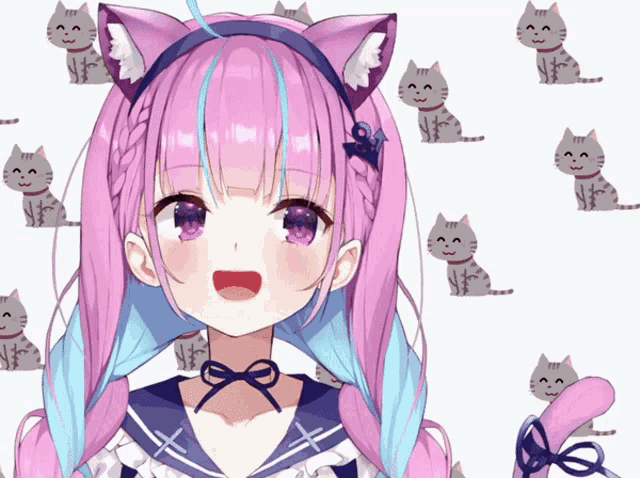 a girl with pink hair and cat ears has a pattern of cats behind her