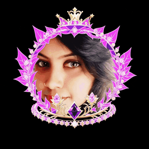 a woman 's face is in a gold and purple circle
