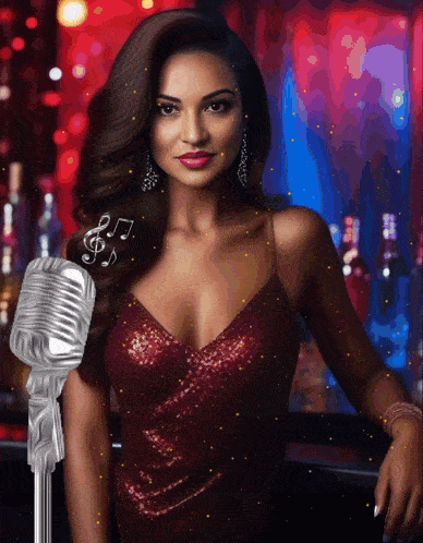 a woman in a red dress stands next to a microphone