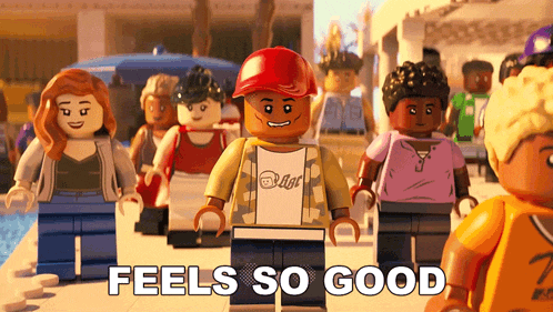 a group of lego figures standing next to each other with the words " feels so good " in white letters