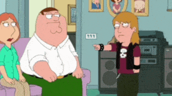 peter griffin and lois griffin are sitting on a couch talking to a man in a skull vest