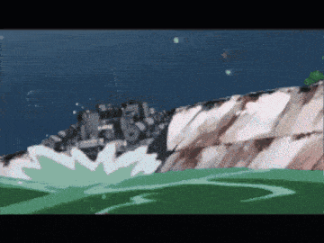 a computer generated image of a ship in the ocean with a green field in the foreground