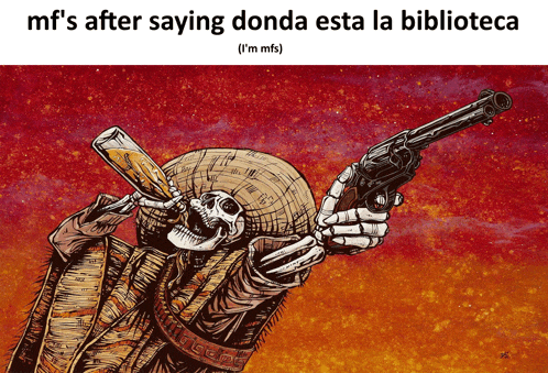 a drawing of a skeleton holding a gun and a beer