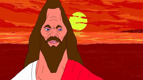 a cartoon drawing of jesus with a beard and a sunset in the background