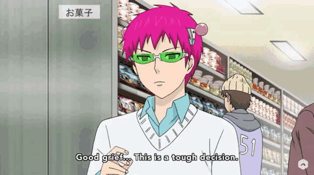 a cartoon character with pink hair and green glasses says " good grief this is a tough decision "