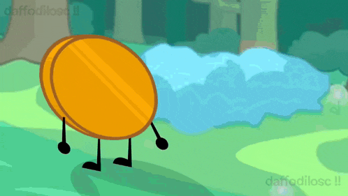 a cartoon of a coin with arms and legs standing next to a body of water