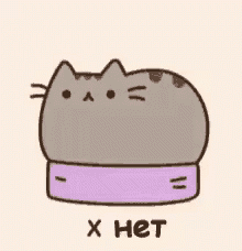 a cartoon cat is sitting on top of a purple scarf and says x het .