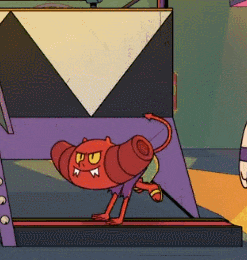a cartoon devil with a cannon on its head