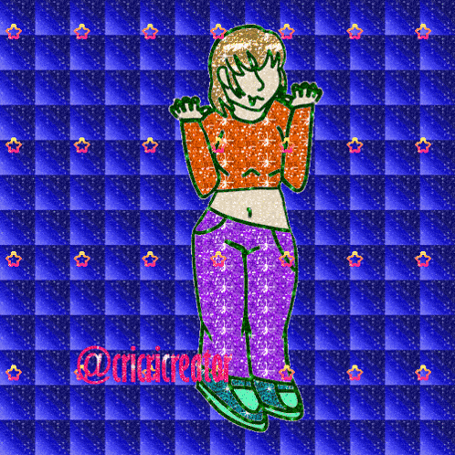 a drawing of a girl on a blue checkered background with stars and the word crisis written in red