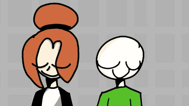 a cartoon of a man and a woman standing next to each other . the woman has red hair and the man has white hair .