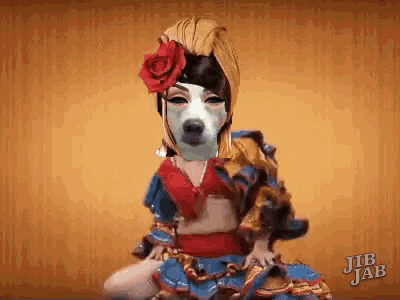 a picture of a woman with a dog 's face on it and the words jib jab below it