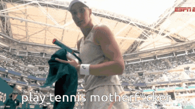 a woman holding a tennis racquet with the words " play tennis motherfucker " above her