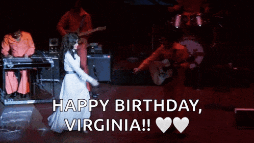 a woman in a white dress is dancing on a stage with the words happy birthday virginia on the bottom