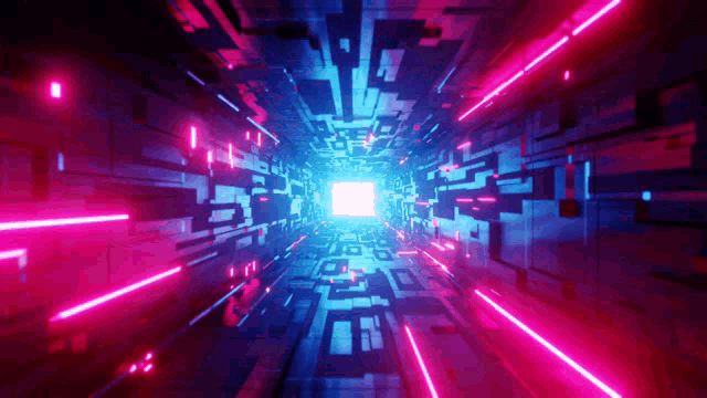 a blue and pink tunnel with a light at the end of it