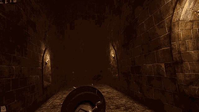 a dark room with a brick wall and a window with a candle on it