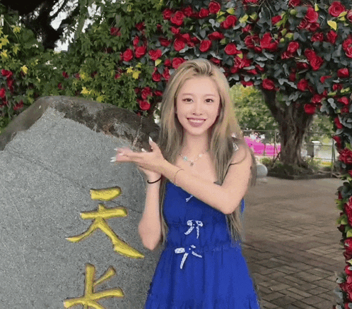 a woman in a blue dress stands in front of a sign with chinese writing