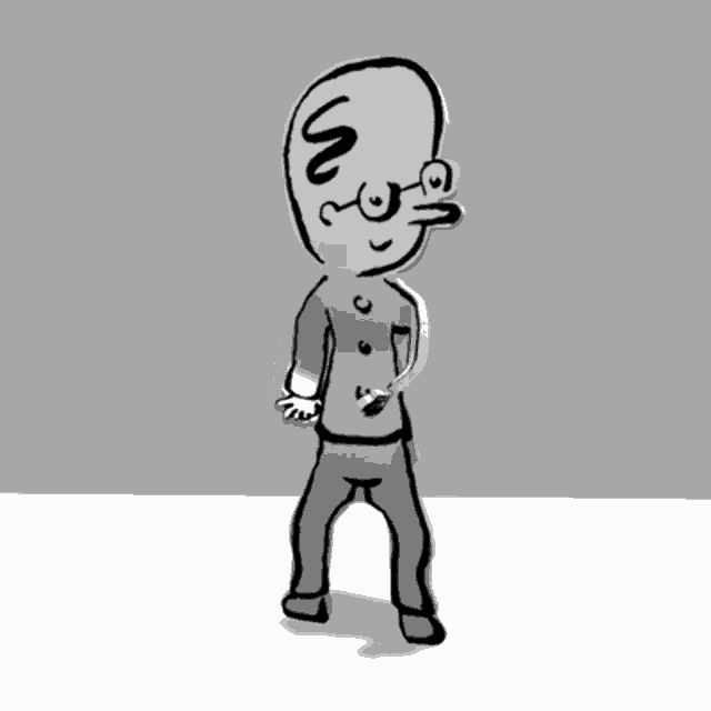 a black and white drawing of a man with glasses and a big head