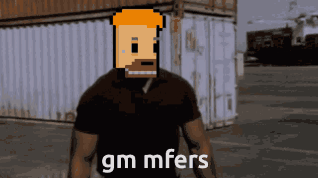 a man with a pixelated face and the words gm mfers written below him