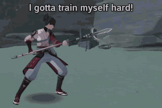a cartoon of a man holding a spear with the words i gotta train myself hard below him