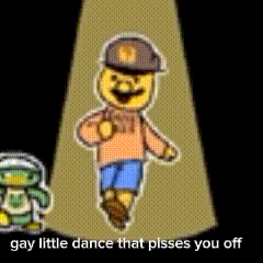 a cartoon of a boy wearing a hat and shorts with the words gay little dance that pisses you off below him