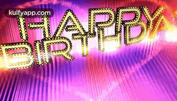 a purple background with the words happy birthday written in gold