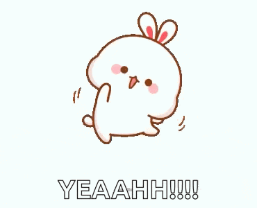 a cartoon rabbit with a bow on its ear and the words yeahh !!! below it