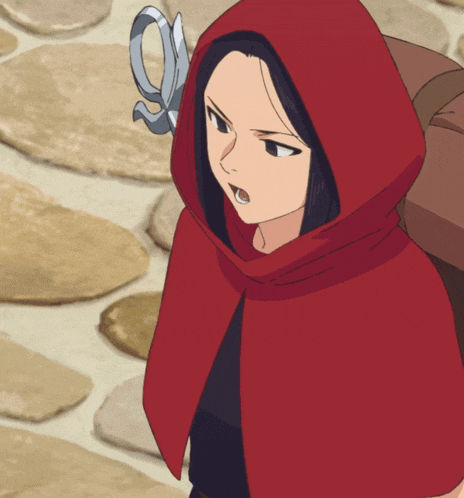 a girl in a red cape has a pair of scissors on her ear