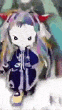 a cartoon character is standing in the snow wearing headphones and a hoodie .